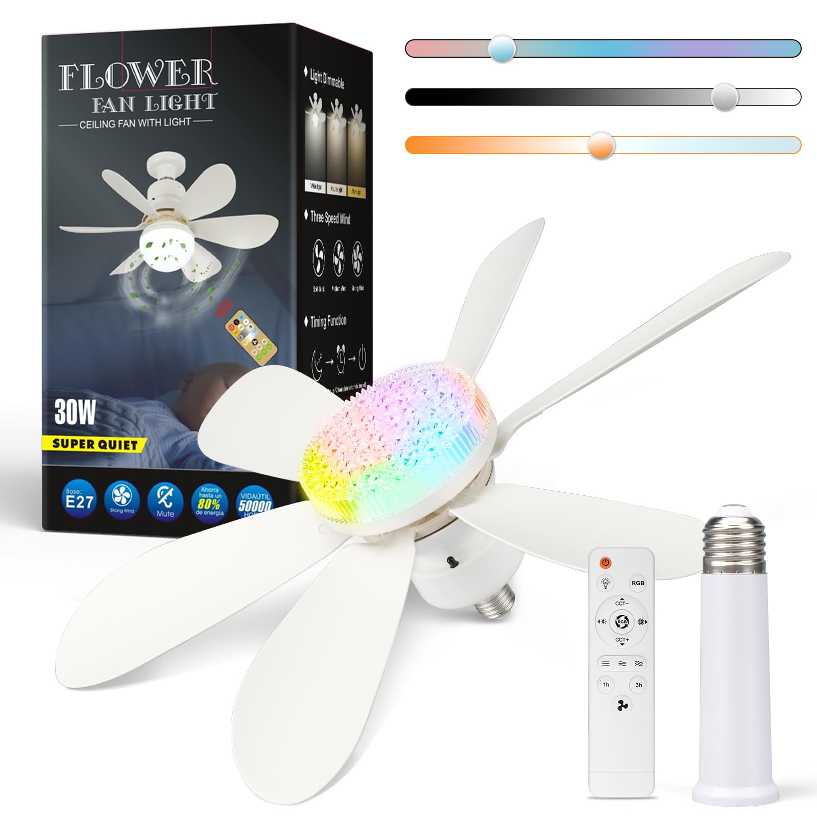 ConBlom Ventilatore da soffitto con lampada E27 e telecomando, 40 W, copertura in cristallo RGB, dimmerabile, silenzioso, 6 pale, per camera da letto, soggiorno, cucina
