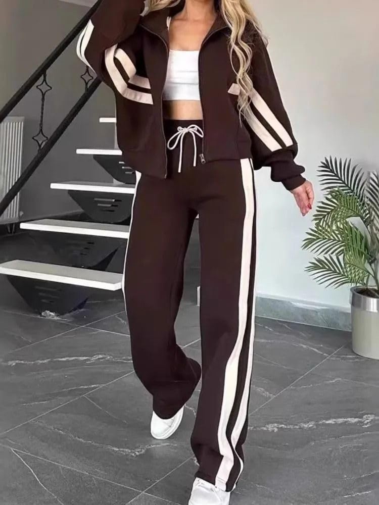 Ensemble 2 pièces sport pour femme, sweat rayé à capuche et pantalon large décontracté