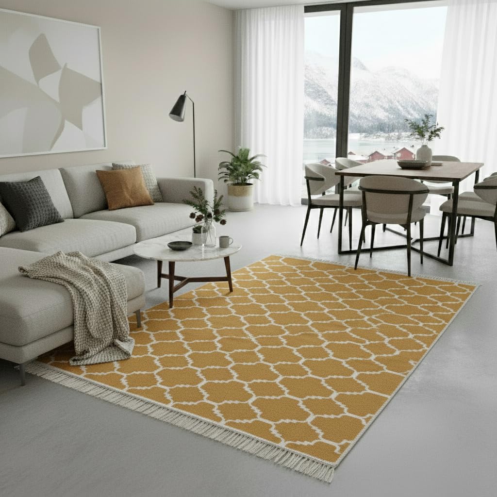 Jimri Alfombra de Pasillo - alfombras para salón, Dormitorio, Cocina, habitación Infantil, baño - Alfombra Boho Kelim - Morocco-Gold White, 160 x 230 cm