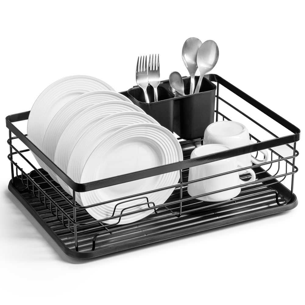 Vilde Escurridor de platos con soporte para cubiertos, de metal y plástico, 43 x 32 x 14,5 cm