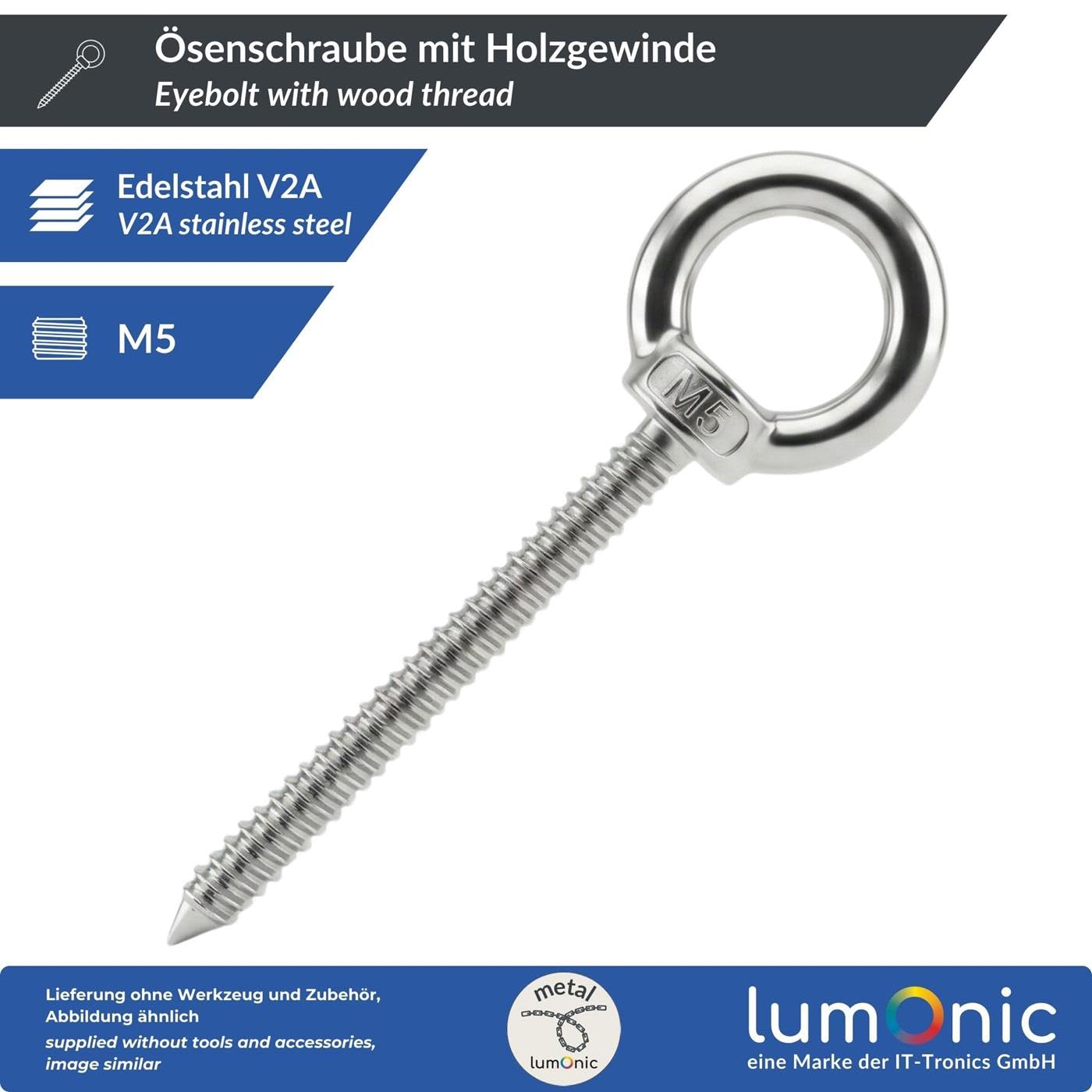 Lumonic Vite con occhiello in acciaio inox V2A con filettatura in legno, M5 x 50 mm, fissaggio a travi/pali in legno, vite ad anello per tenda da sole, amaca, altalena e catene
