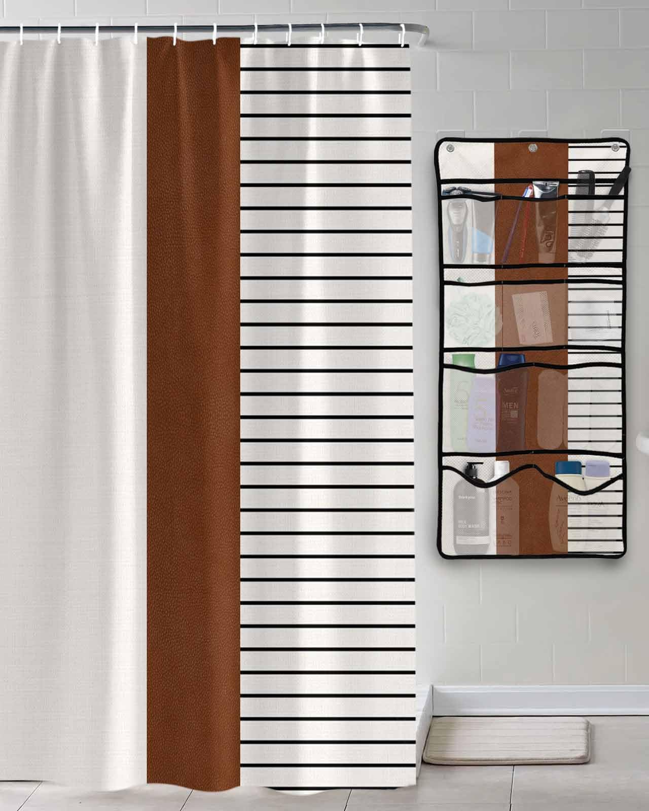 Decorative Shower Curtain Sets Boho Polyester Fabric Waterproof Bath Shower Curtains Farmhouse Stripe Texture Brown Beige Mesh Shower