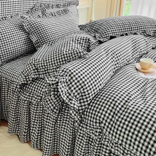 Image of LifeTB Black Gingham Comforter Set King Ruffle Checkered Plaid Comforter Set 3 Pieces Boho Grid Bed Comforter with 2 Pillowcases Fluffy Soft Vintage Checkered Lightweight Gingham Bedding Set King