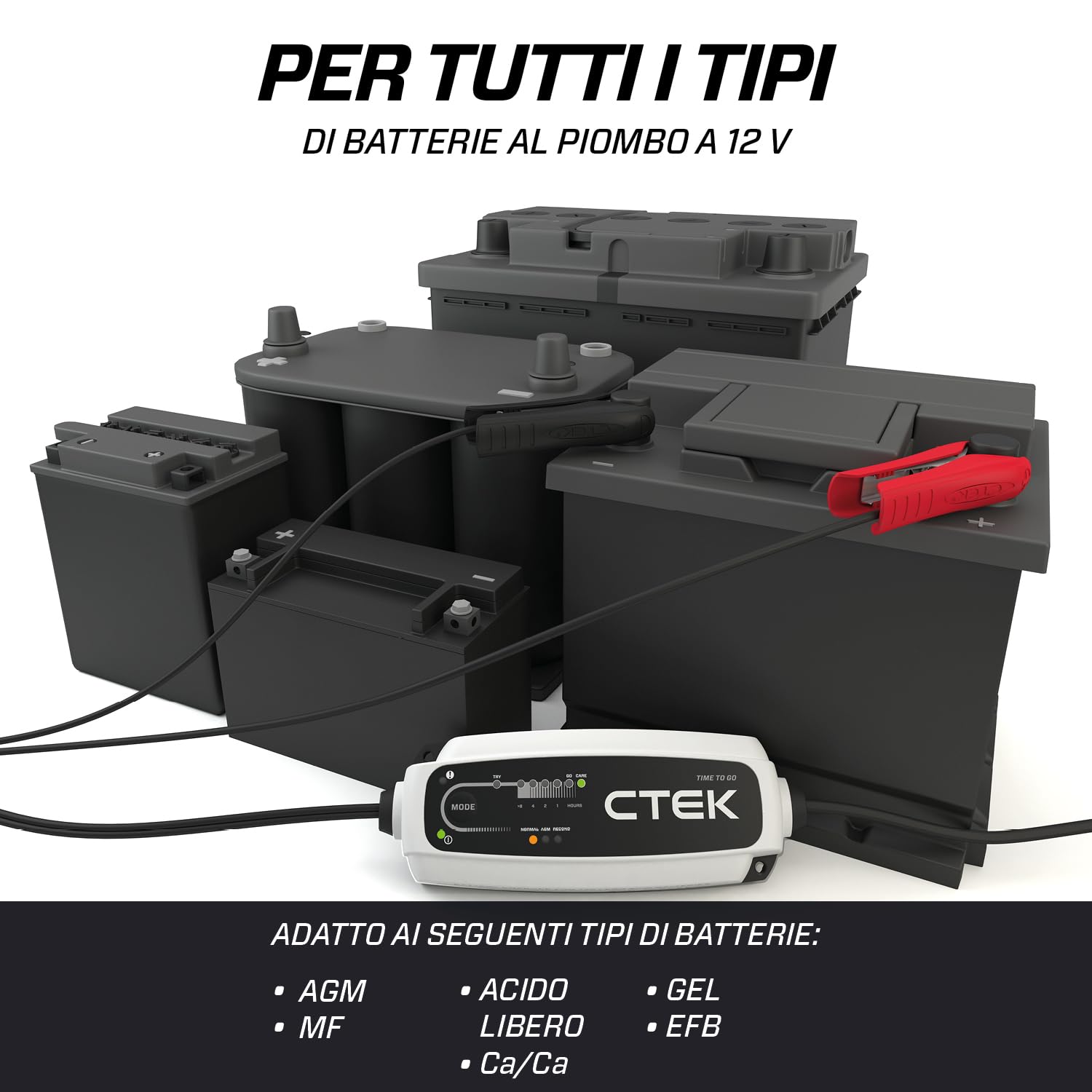 CTEK CT5 TIME TO GO, Caricabatterie 12V 5A, Mantenitore Di Carica Per Batteria Auto, Funzione Conto Alla Rovescia, Indicatore Di Avvio, Compensazione Della Temperatura Integrata E Opzione AGM