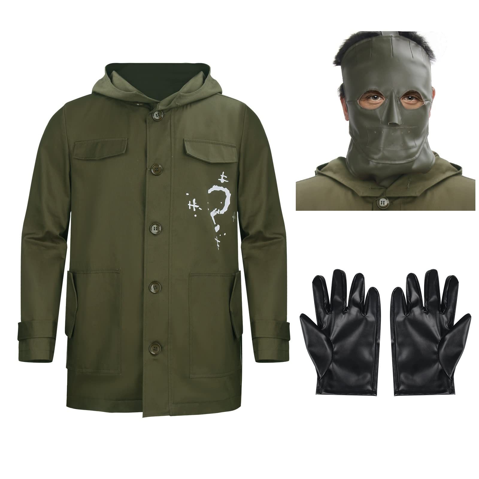 Army Green Riddler Jacket Cosplay Costume with Mask Gloves Edward Villain Question Mark Coat Halloween Cosplay Costume Props