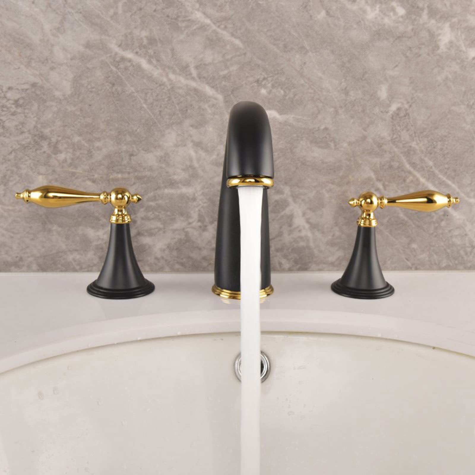 Waschbeckenarmatur 3-Loch Schwarzgold, Messingarmatur Badezimmer, Waschbeckenarmatur Warm- Und Kaltwassermischer, 3-Loch-Armatur Kompatibel Mit Waschbecken, 2-Griff-Badezimmerarmatur, Waschbeckenarmat