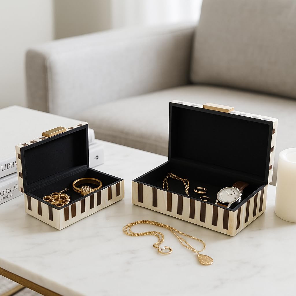 Decorative Boxes for Home Decor – Mosaic Pattern Storage Boxes with Lid and Gold Hardware for Keepsakes – Jewelry Boxes and Home Organizer for Living Room Decor; Set of 2 – 4\", 3\" Brown & Ivory
