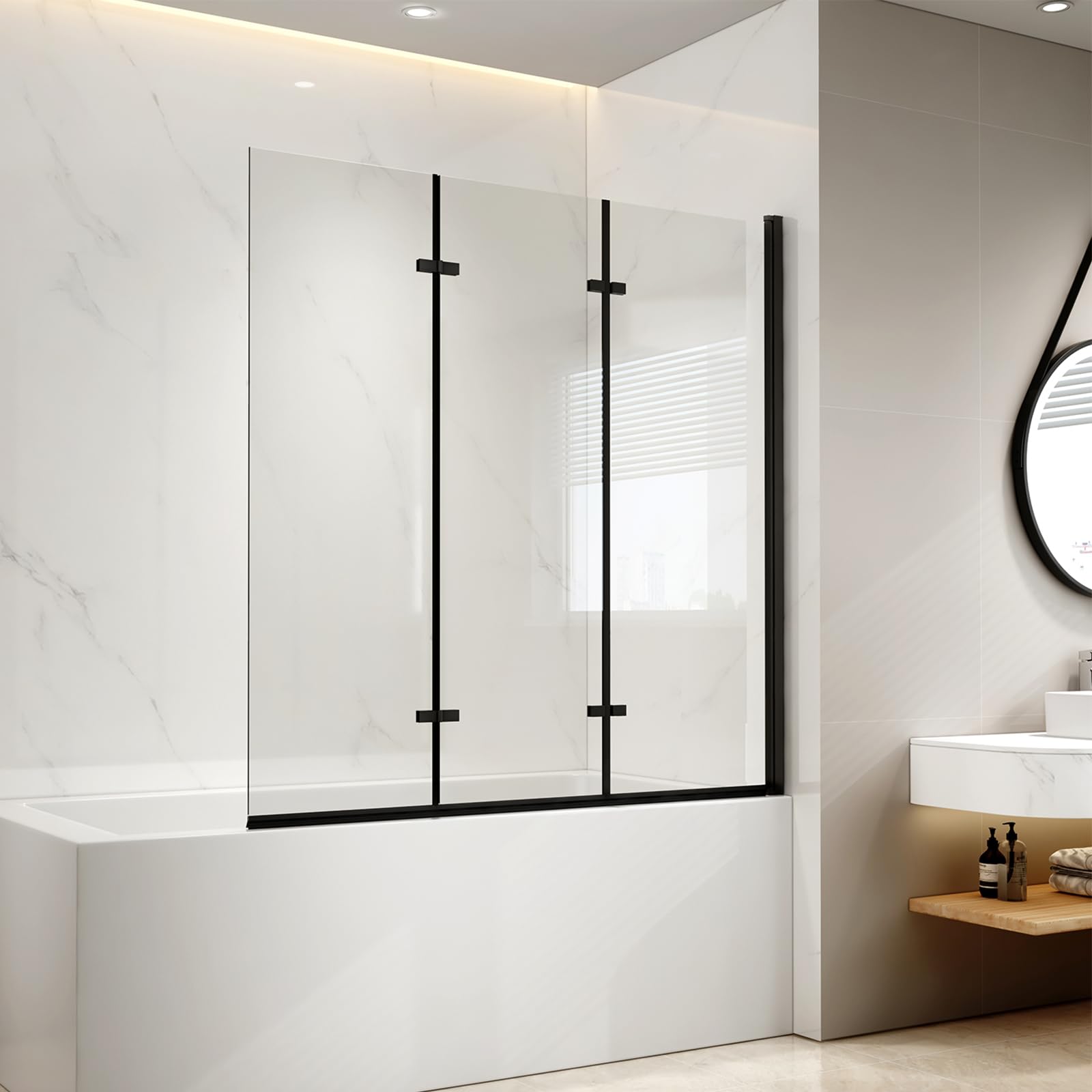 EMKE Duschwand für Badewanne 120x140 cm Schwarz, Badewannenaufsatz 3-teilig Faltbar Badewanne Duschwand, Duschtrennwand für Badewanne Badewannenfaltwand 6 mm Sicherheitsglas Duschabtrennung Badewanne