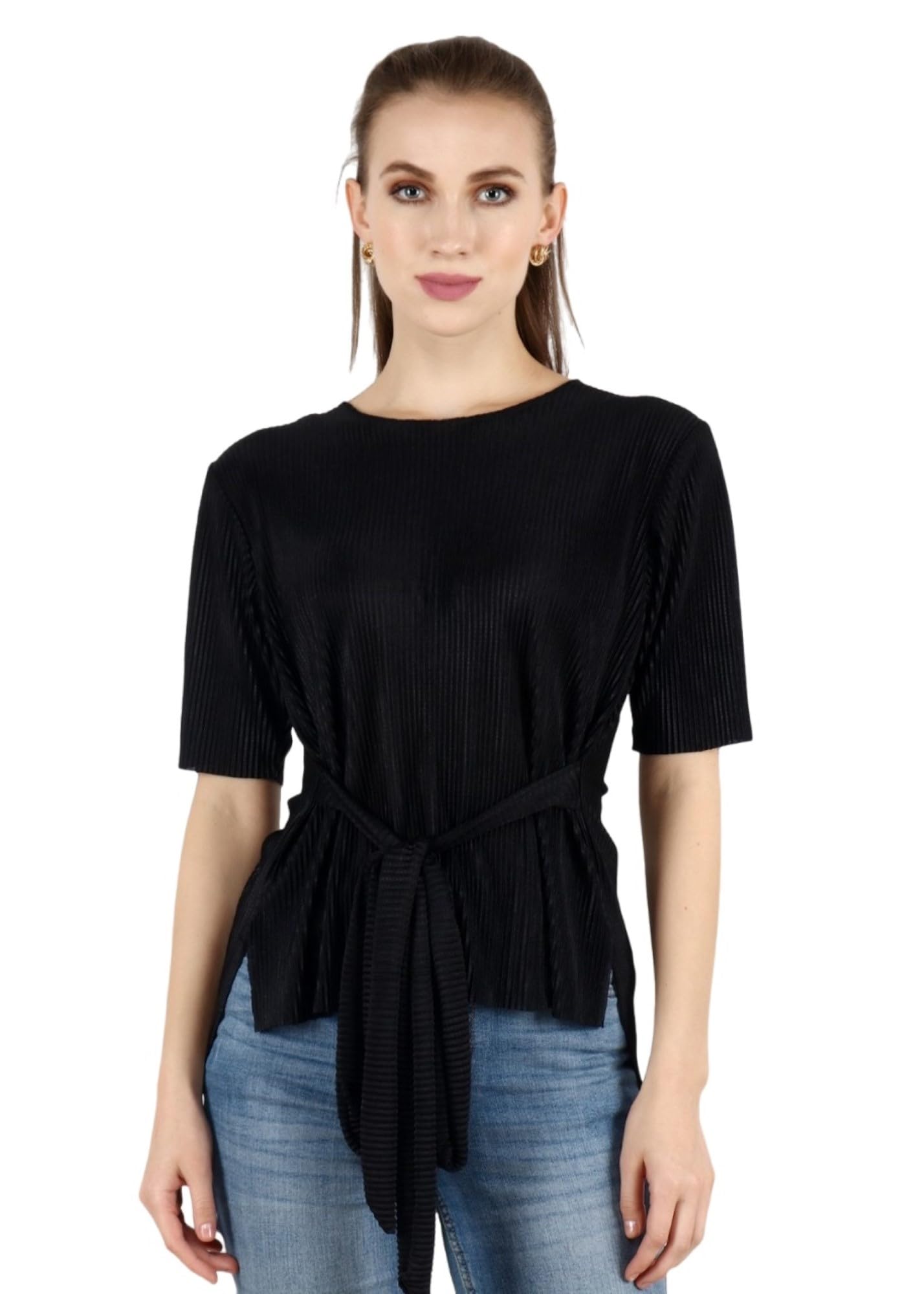 popwings Casual Black Belt Top for Women || Round-Neck Women Top for Summer || Latest Stylish Trendy Top for Women-picture-17