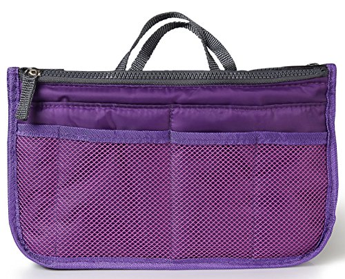 Imountek Large Multi-Pocket Expandable Nylon Travel Handbag Purse Insert Organizer With Handles. Includes 13 Compartments & 2 Zipper Pockets, Keeps Purse Neat & Tidy, Cosmetics & Makeup (Purple) #TOP2
