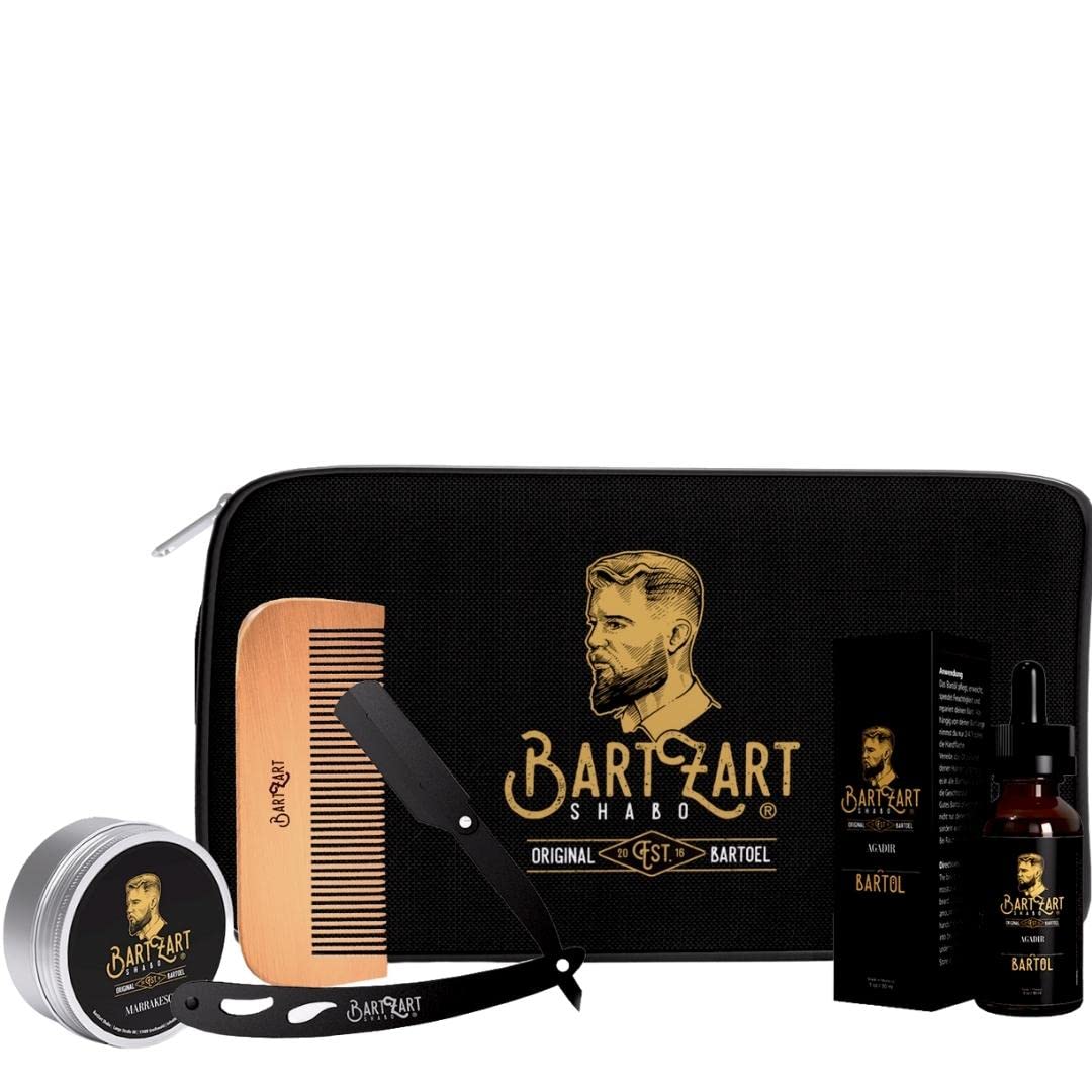 BartZart Bartpflege Set mit Zedernholz I Bart Set 6 tlg. I Rasiermesser mit Wechselklinge, Bartöl, Bartwachs, Bartkamm aus Holz & Kulturtasche I Bartpflegeset Männer