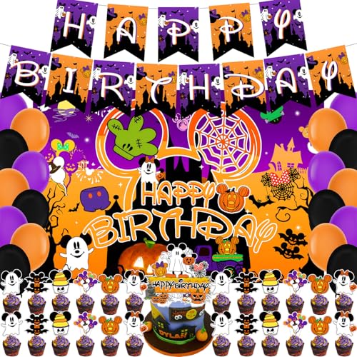 Halloween Birthday Party Decorations Mini Mouse Inspired Party Supplies with Banner Backdrop Cupcake Cake Toppers Ballons Party Favors for Halloween Day Decorations