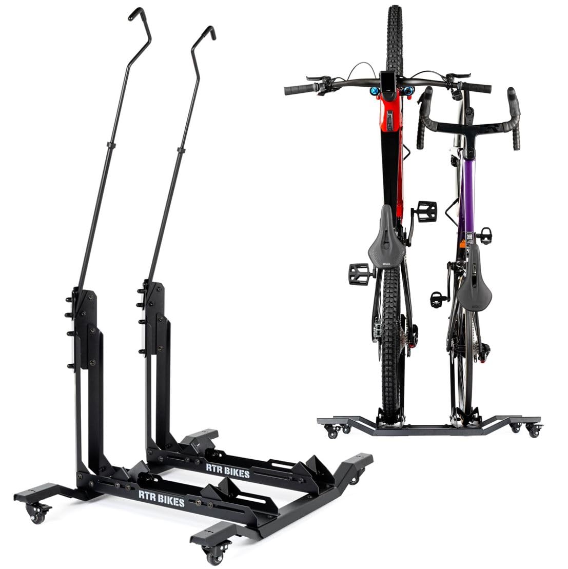 RTR BIKES Double Up Support Vélo Sol Vertical pour 2 Vélos - Râtelier Mobile sur Roulettes - Charge 60kg (2x30kg) idéal VTT & VAE - Gain de Place 0,5m² - Sans Perçage - Made in EU