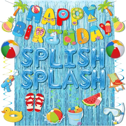 32Pcs Splish Splash Birthday Decorations, Pool Beach Party Decorations Happy Birthday Banner Beach Ball Fringe Curtain Hanging Swirls for Kid Swimming Luau Tropical Hawaii Summer Birthday Bash Party Supplies