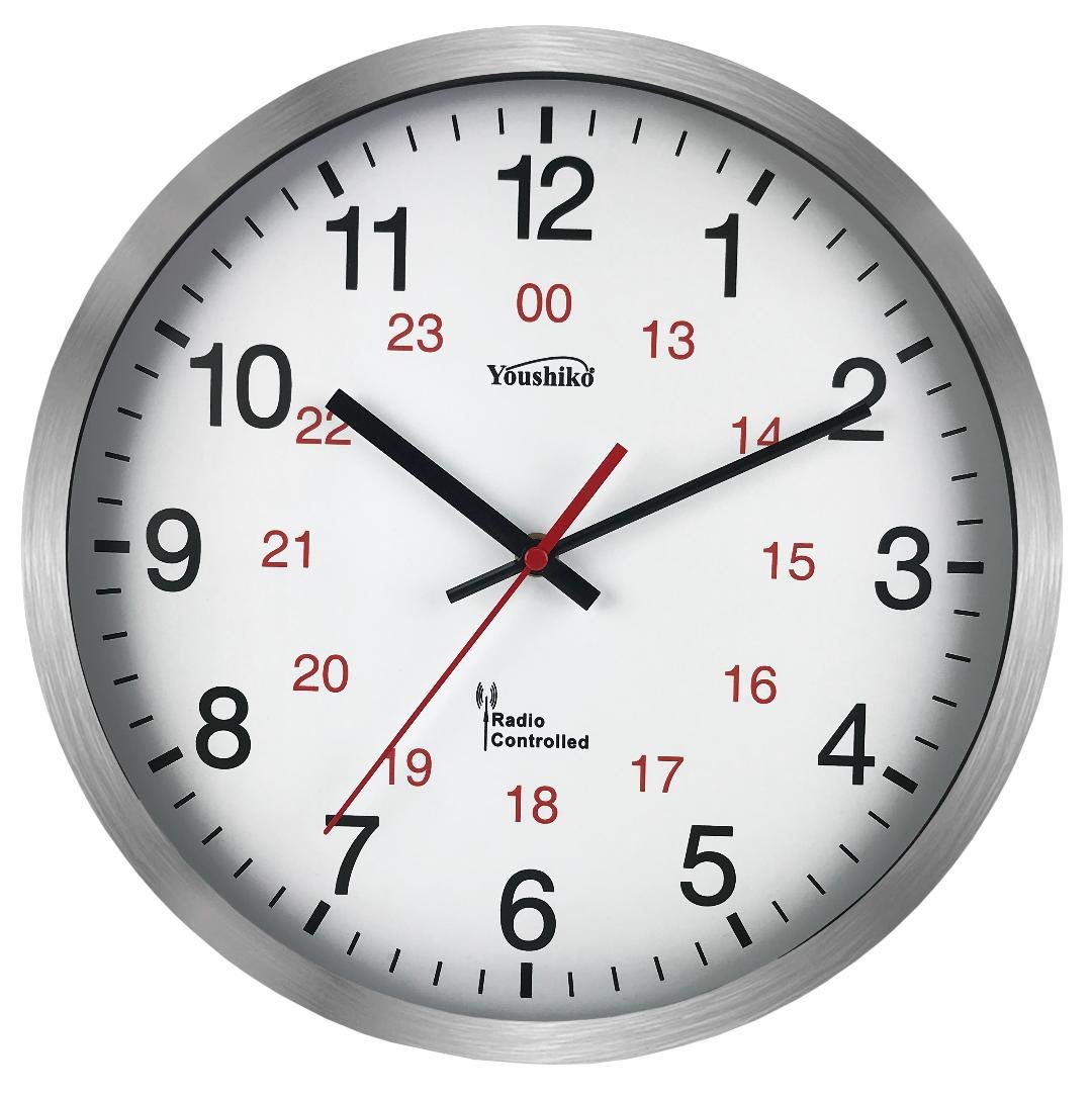 YoushikoRadio Controlled Wall Clock (Official UK & Ireland Version), Premium Quality, Silver Bold Classic Design, Aluminum Case 30cm, 12-Inch Diameter, Home/Kitchen/Office/School Clock, Easy to Read