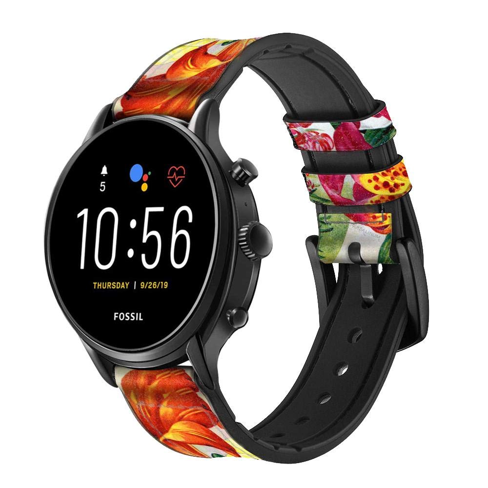 Retro Art Flowers Cinturino in Pelle Smartwatch per Fossil Hybrid Smartwatch Nate, Hybrid HR Latitude, Hybrid Smartwatch Machine Taglia (24mm)