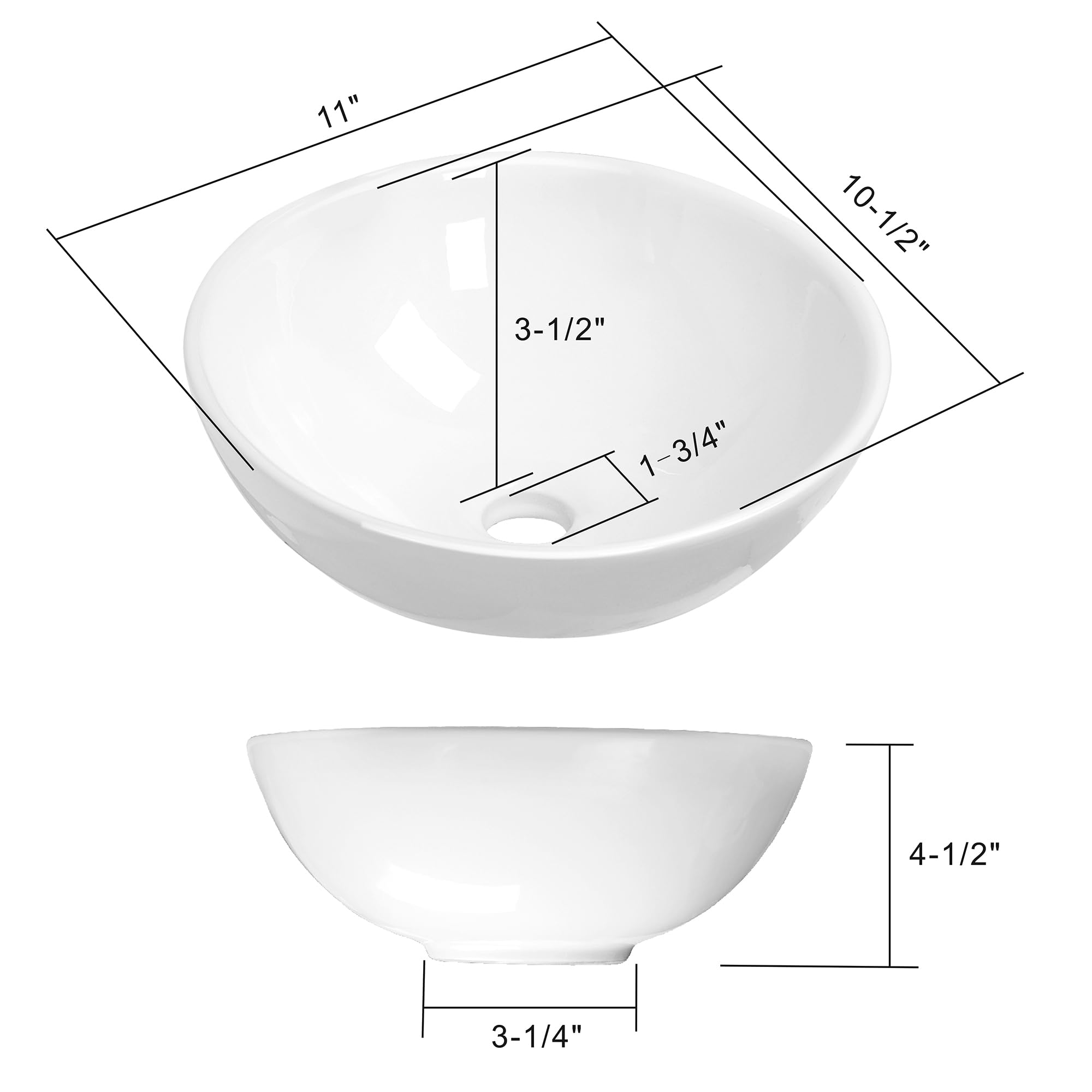 Miligoré 11" Round White Ceramic Vessel Sink - Modern Above Counter Bathroom Vanity Bowl