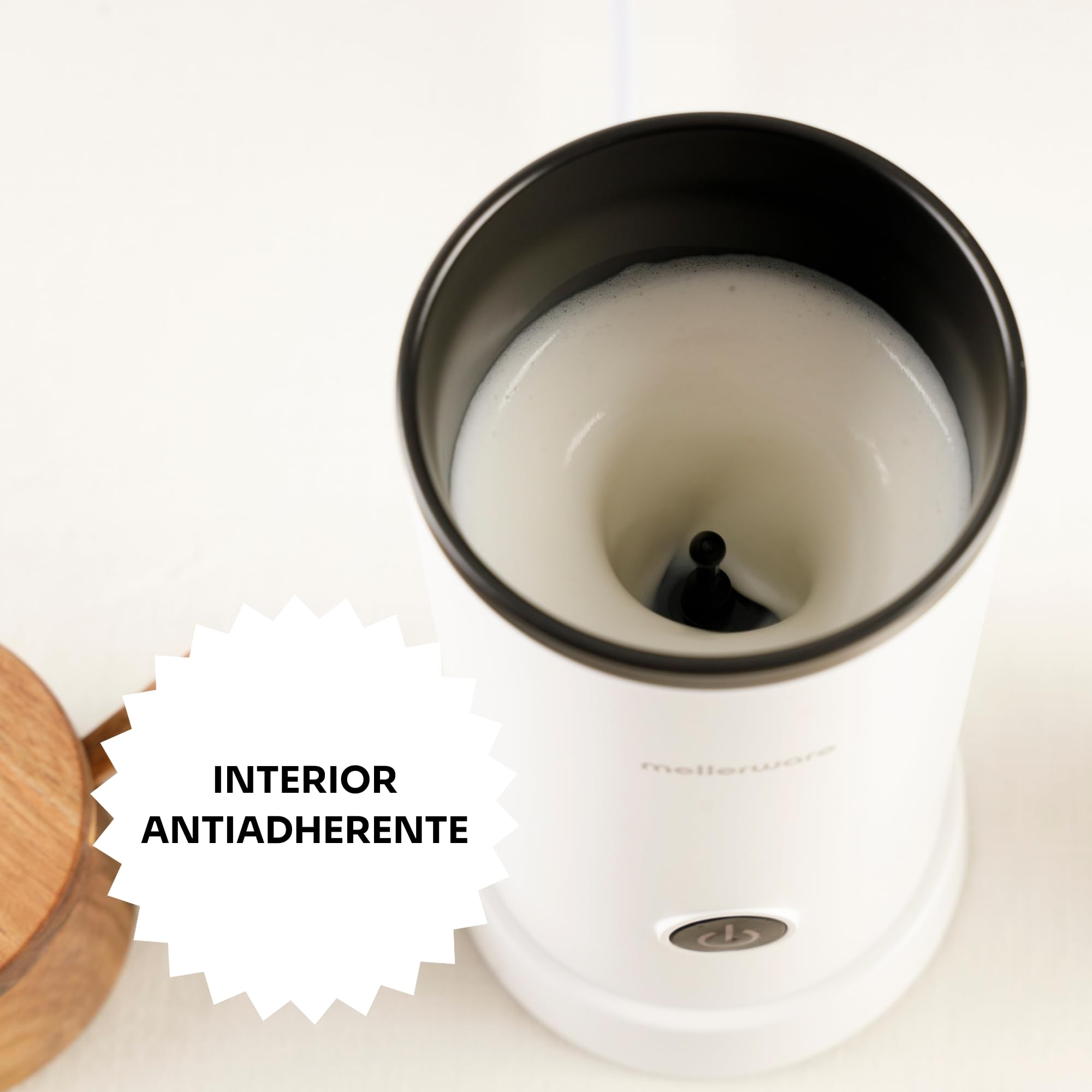 Mellerware - Espumador de Leche Frothy!600W | 250ml | 3en1 (Espuma Caliente/Fría, Calentar y Espumar) | Apagado automático | Calentador Café Latte Capuchino Chocolate | 360º | Blanco