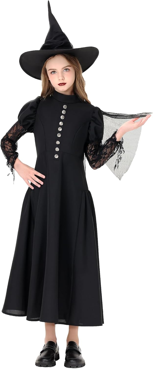 LETIME Witch Costume for Girls Halloween Kids Black Wicked Witch Costume Dress up Outfit with Hat for Teens Trick-or-Treat