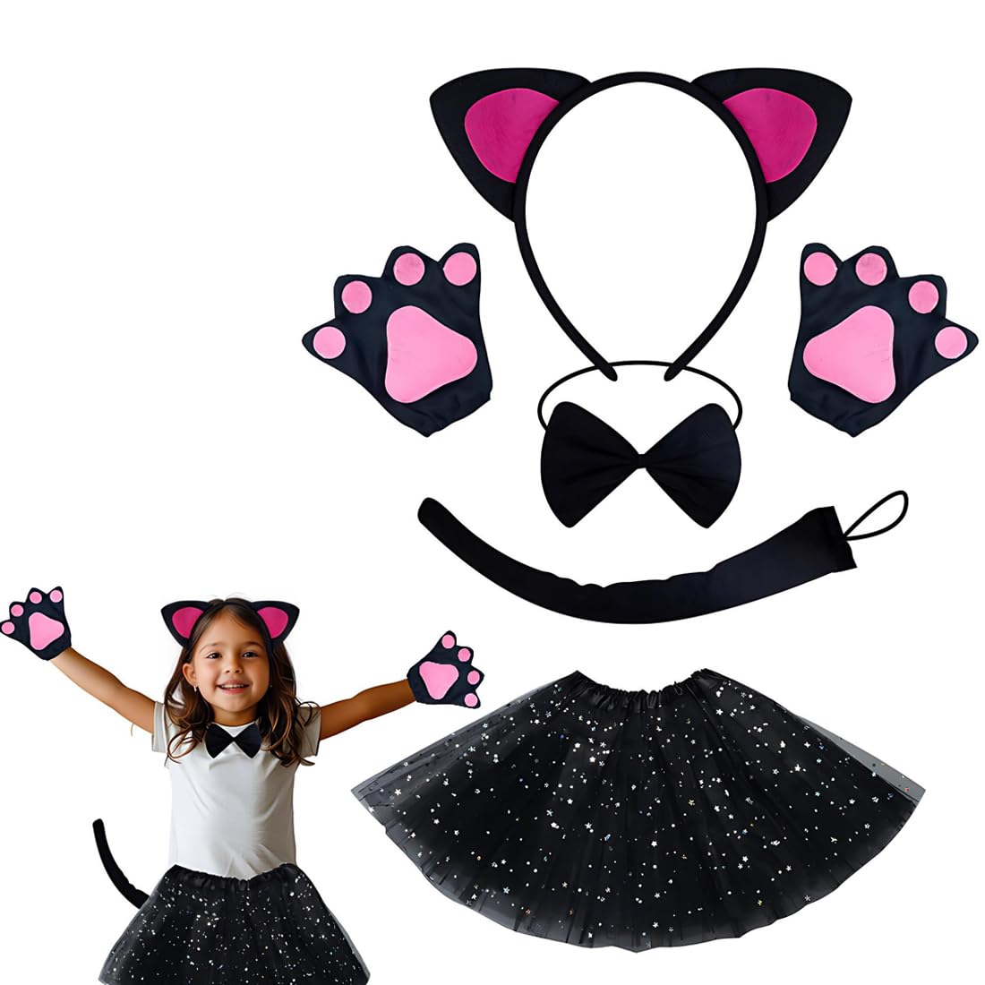 UZEXYO Cat Costume for Girls Kids Animal Fancy Dress with Black Tutu Skirt and Accessories for Halloween Party World Book Day