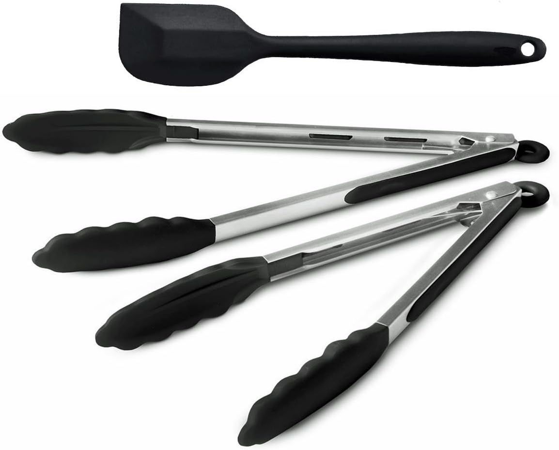 ChefzPros Stainless Steel and Silicone Cooking Tongs - Premium Quality Silicone Tongs for cooking and grilling. Set of 2 cooking tongs with bonus FREE silicone spatula