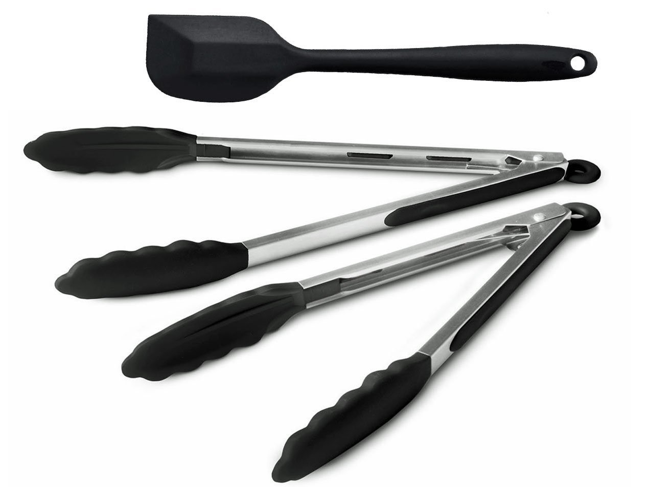 ChefzPros Stainless Steel and Silicone Cooking Tongs - Premium Quality Silicone Tongs for cooking and grilling. Set of 2 cooking tongs with bonus FREE silicone spatula