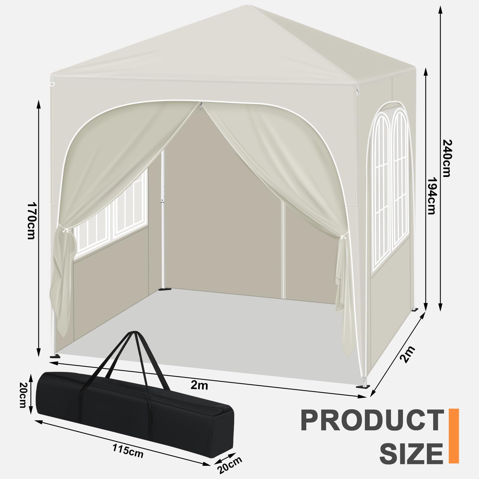 WOLTU Pavillon mit 4 Seitenteilen 4 Sandsäcke, Faltpavillon 2x2m mit Halbmonddach Tragetasche, Gartenpavillon wasserfest stabil UV-Schutz, Partyzelt Outdoor höhenverstellbar, Beige