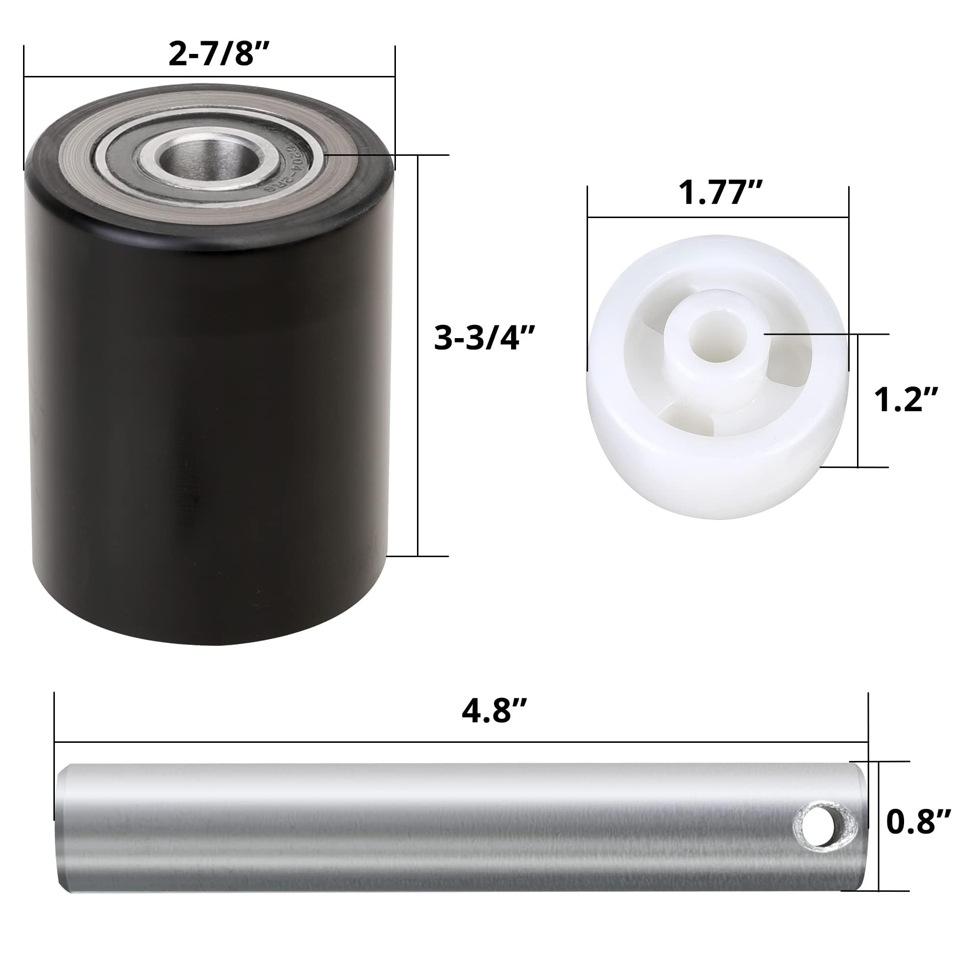 Hromee Pallet Jack/Truck Load Wheels Replacement Full Set with Axles and Entry Exit Roller 3" x 3.75" with 20mm ID Bearings — Amazon image 2