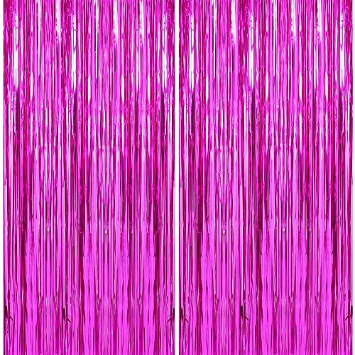 Image of Crosize 4 Pack 3.3 x 9.9 ft Hot Pink Foil Fringe Curtains Party Decorations,Tinsel Curtain Backdrop for Parties, Door Streamers, Glitter Streamer Backdrop for Birthday Decoration