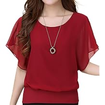 X&F Women's Casual Crew Neck Bat Sleeve Chiffon Blouse Top T-Shirts