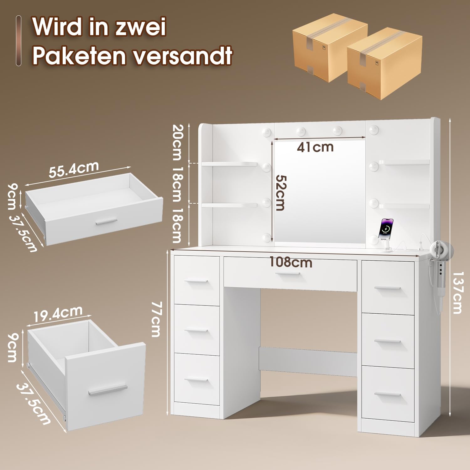 JUMMICO Große Schminktisch mit Verstellbaren LED-Beleuchtung und Steckdosen, Schminktisch mit Spiegel und 7 Schubladen, Fashionabler Frisiertisch Mit 10 LED Beleuchtung Schlafzimmer, Weiß