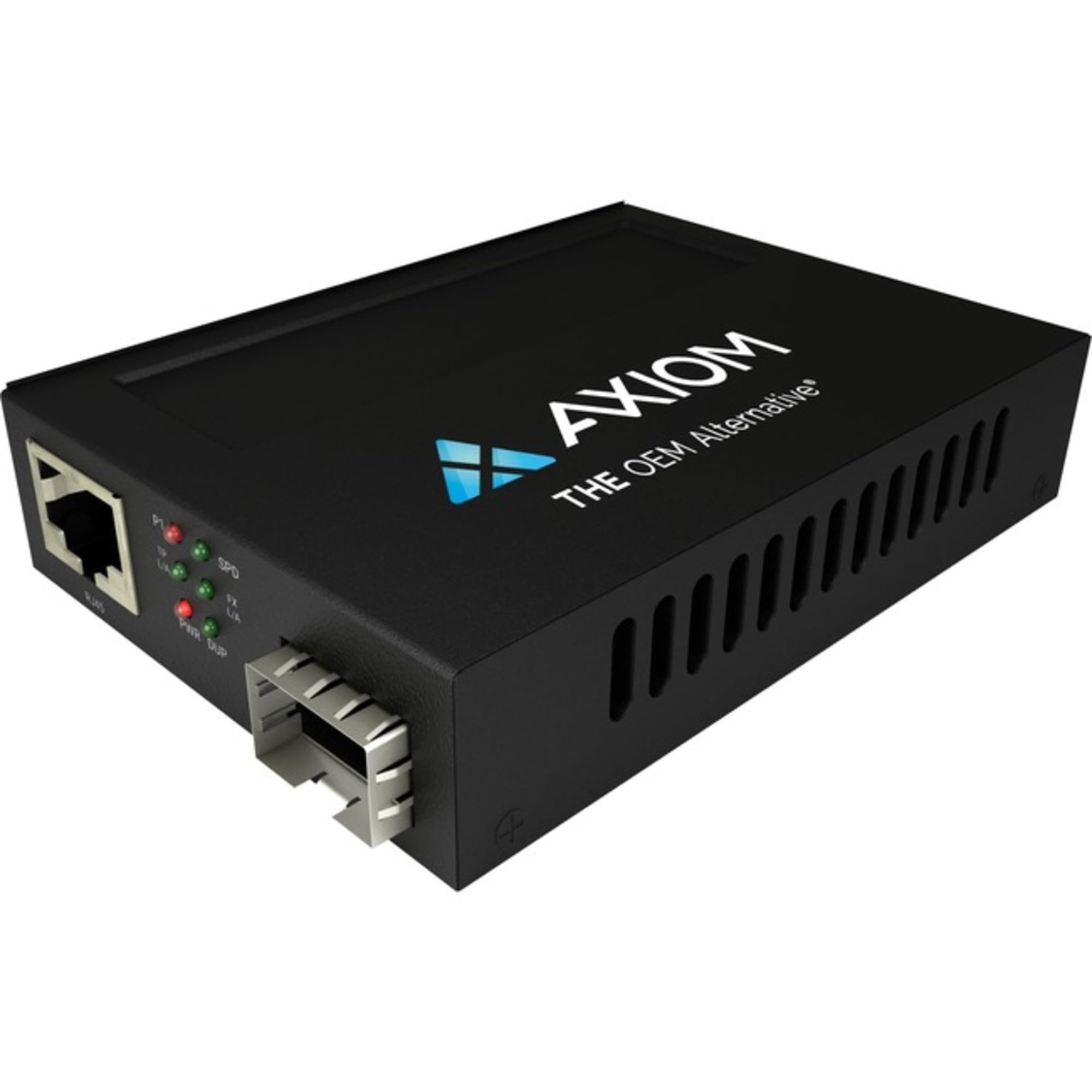 Axiom Memory - MCP32-T2-SFP-AX - Axiom 1Gbs POE+ RJ45 to SFP Fiber Media Converter - Open SFP Port - Network (RJ-45) - 1x PoE+ (RJ-45) Ports - Gigabit Ethernet - 10/100/1000Base-TX, 1000Base-FX - 1 x