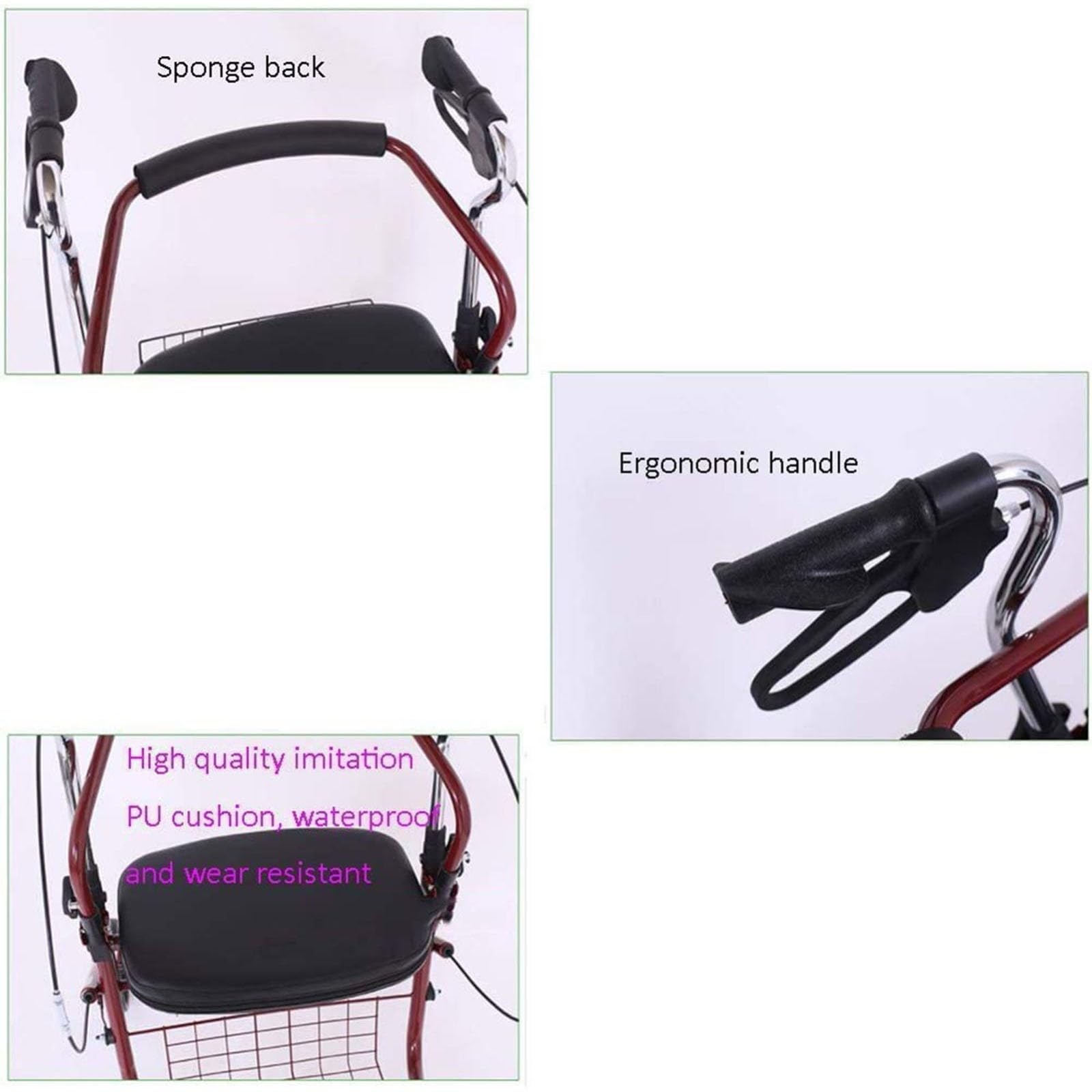 Rollator Walker, Rollator De 4 Ruedas, con Asiento, Andador para Minusválidos, Mayores, Adultos O Ancianos, Ayuda para Caminar, Aluminio, Ligero, Plegable