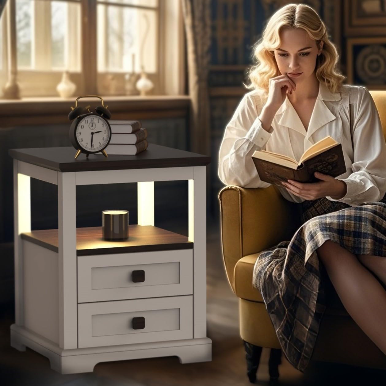 White Farmhouse Night Stand with Drawers, Modern Side Table, Small Wood End Table with Storage for Bedroom & Living Room, Dimer & Timer Candle Warmer Lamp, Stylish Nightstand for Home Decor (2)