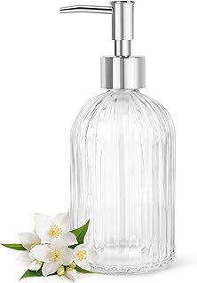 Topsky Stripe Glass Soap Dispenser with Plastic Pump, 400ml Liquid Hand Soap Dispenser, Rustproof Pump for Kitchen & Bathroom, Great for Lotions, Essential Oil, Liquid Soaps,Transparent