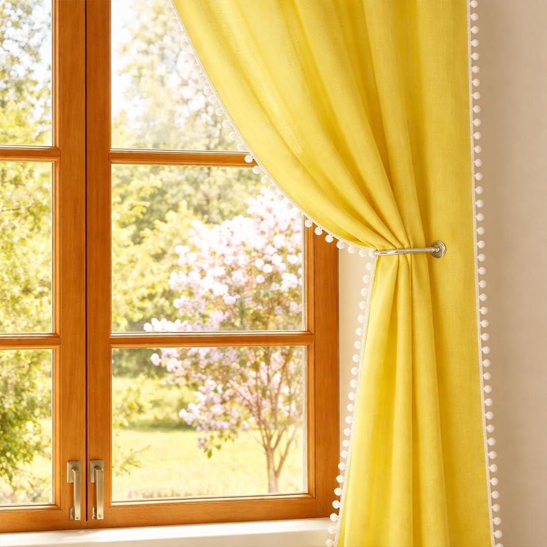 HOMEMONDE Cotton Sheer Solid CurtainsCustomize Feet Sun Light Filtering Solid Curtain with Rod Pocket, Both Sides Pompoms - (Pack of 2 - Mustard)