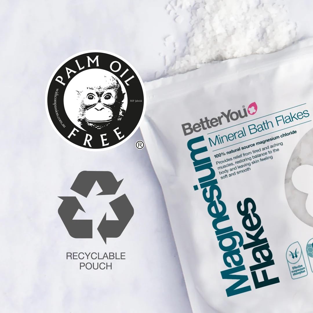 BetterYou - Przezskórny magnez w płatkach 1 kg | Mineralne sole do kąpieli | Pomaga poprawić odpoczynek i regenerację mięśni | Zmniejszenie zmęczenia i zmęczenia | Odpowiedni dla wegan