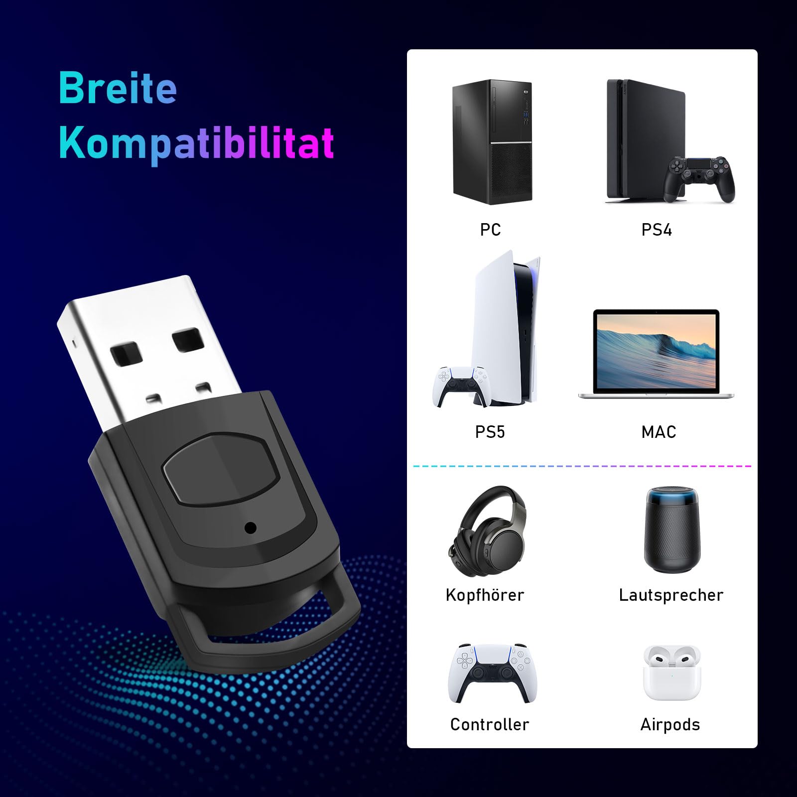 5.0 Bluetooth USB Audio Adaptador para PS5/PS4/PC, Bluetooth Dongle, USB Blue Tooth Adapter PC con Mini Micro, Plug & Play