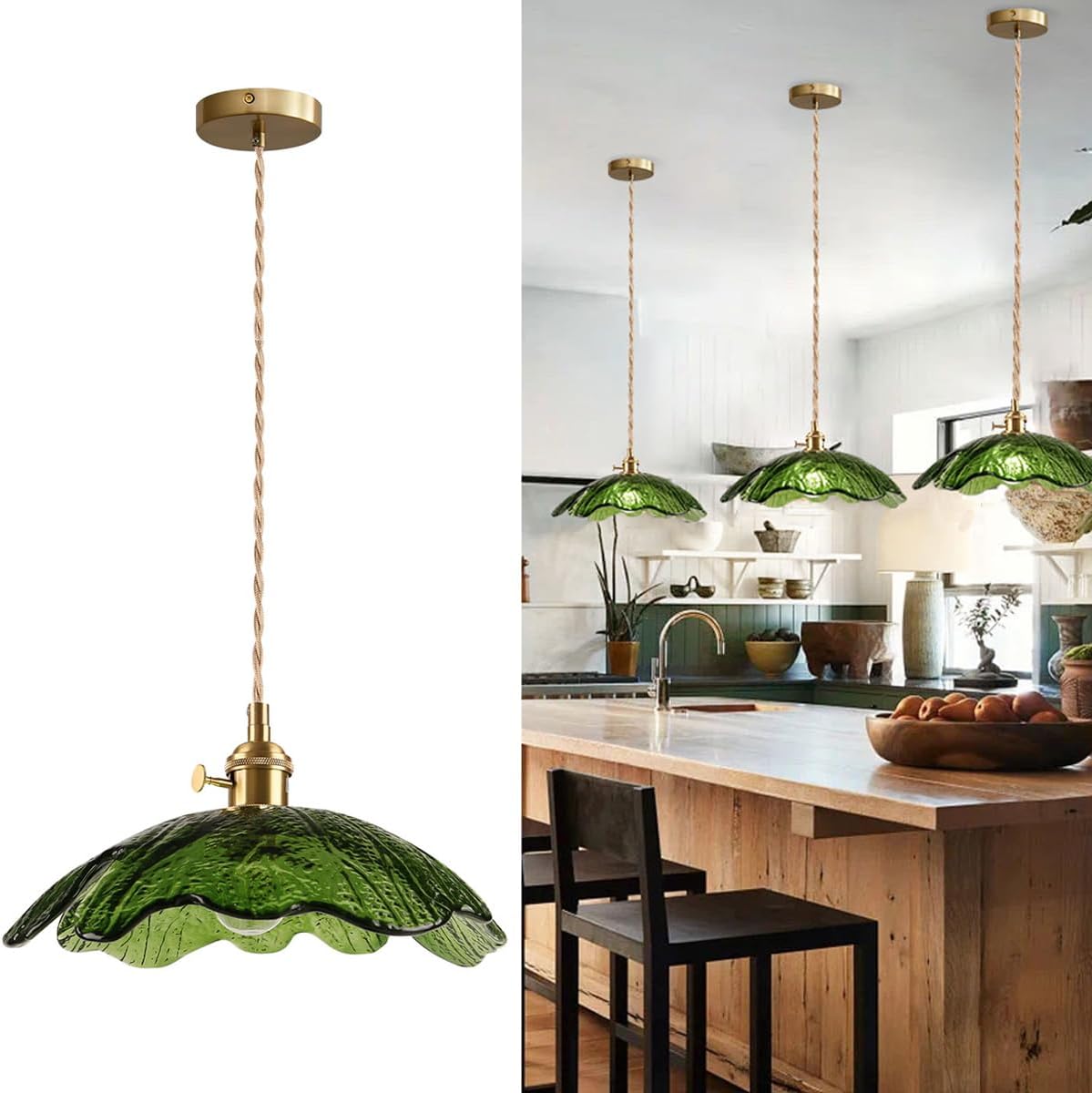 Hanging Pendant Lights Vintage Green Glass Pendant Lamp 1-Light 11.8" Kitchen Island Light Brushed Gold Modern Hanging Light for Dining Room Living Room Bedroom, Easy to Install