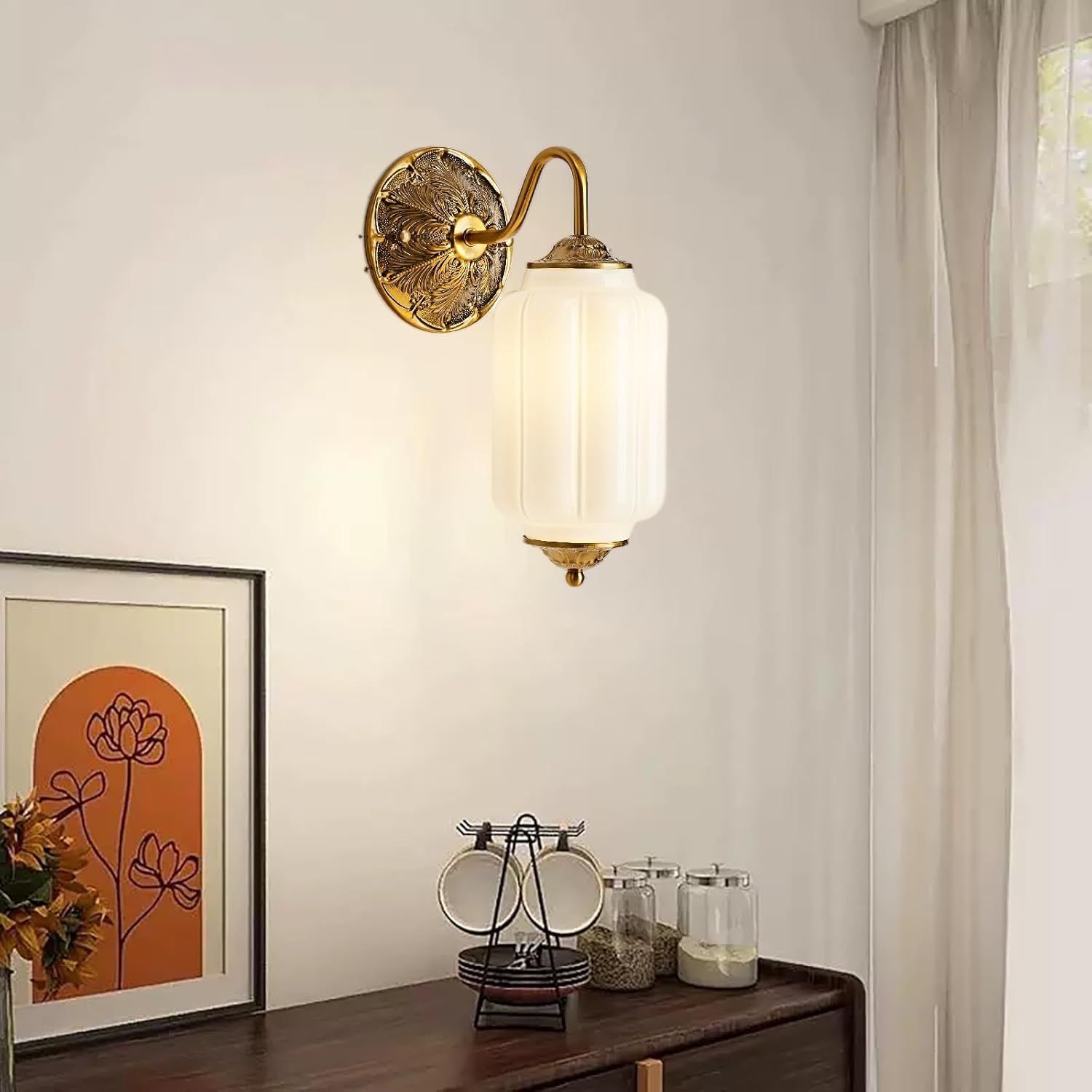 LIGHTLAND Milk Glass Wall Sconce, Vintage Metal Glass Wall Light Fixture, Wall Lamp for Living Room Bedroom Hallway (Pack of 1, Gold and White)