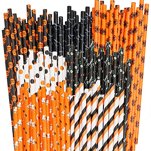 Lystaii 350 Stück Halloween Papierstrohhalme Halloween biologisch abbaubar Einweg-Trinkzubehör Papier Trinkhalme Partyzubehör Kürbis Spinnennetz Fledermaus Gestreift Geist 7 Stile Cover