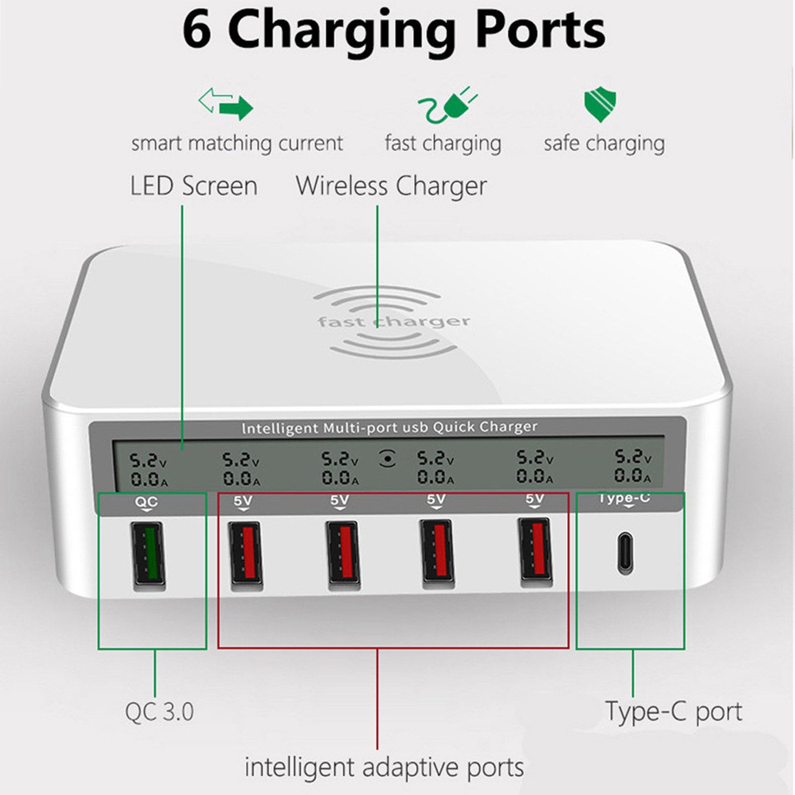 40W Usb Caricatore Del Telefono Cellulare 6 Porte Caricabatterie Rapido Qc3.0 Pd Display Lcd Stazione di Ricarica per Telefono Cellulare Tablet,White