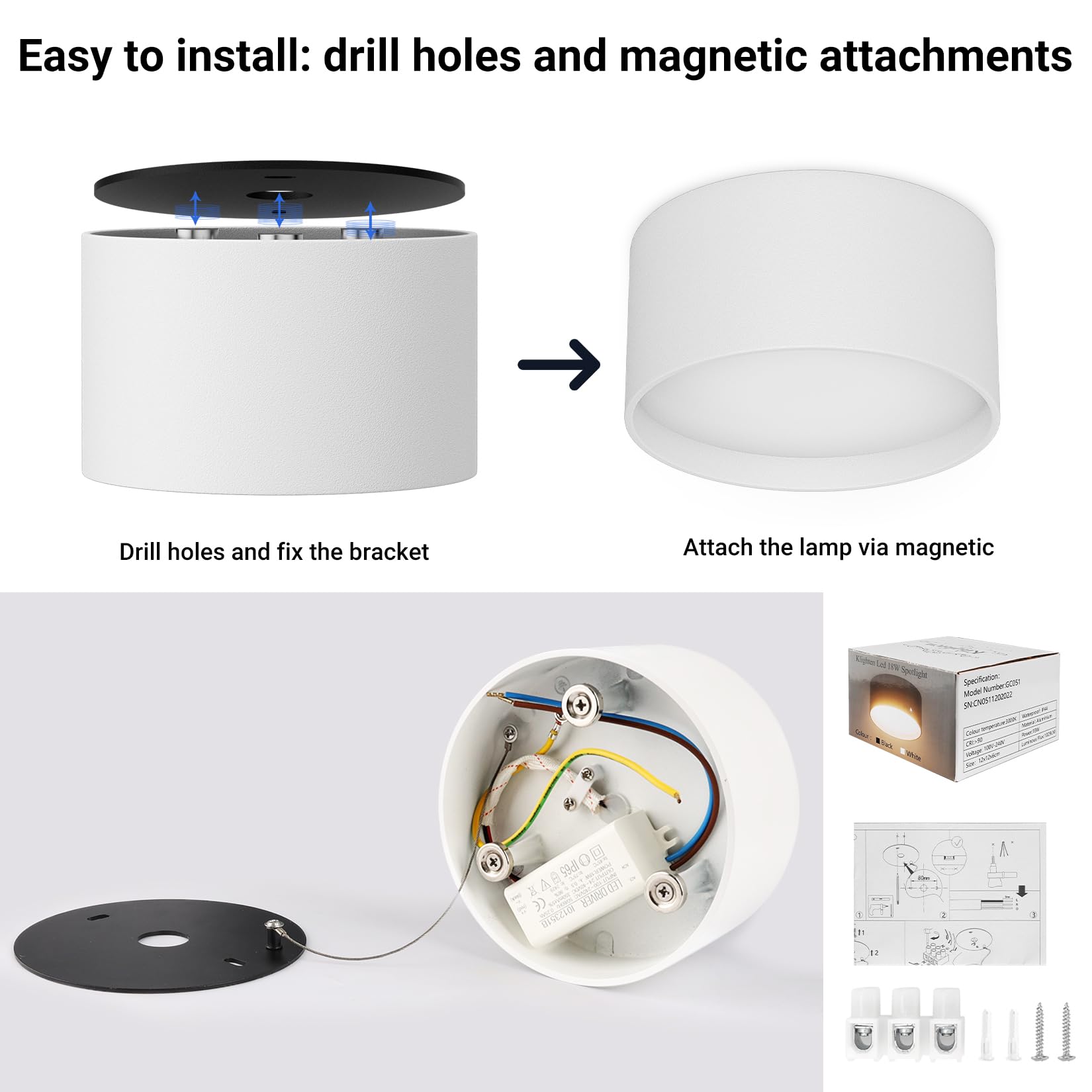 Klighten 18W LED Faretti da Soffitto Rotonda, Bianco Faretto da superficie, Plafoniera da Soffitto Moderna Bianco caldo 3000K, Lampada da soffitto Alluminio, IP44, 1029LM, 60X120mm
