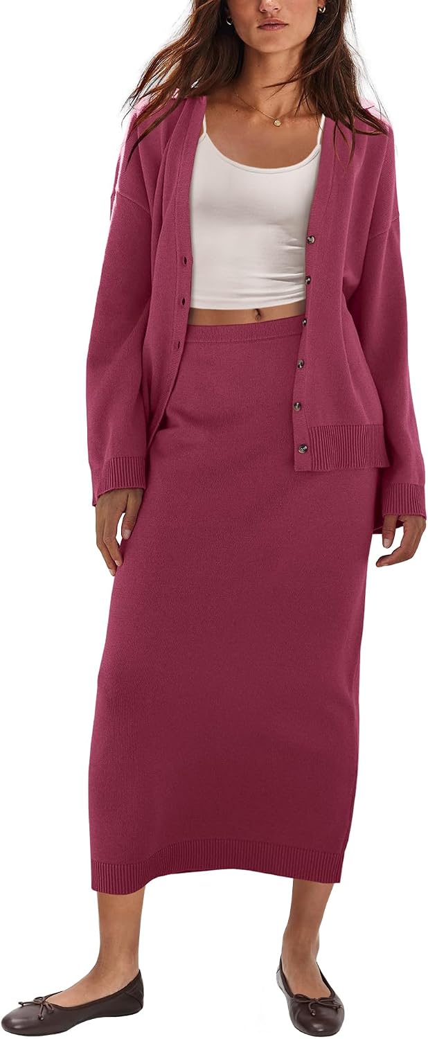ReachMe Women 2 Piece Sweater Skirt Sets Button Down Cardigan Sweaters and Knit Maxi Skirt Fall Matching Sets
