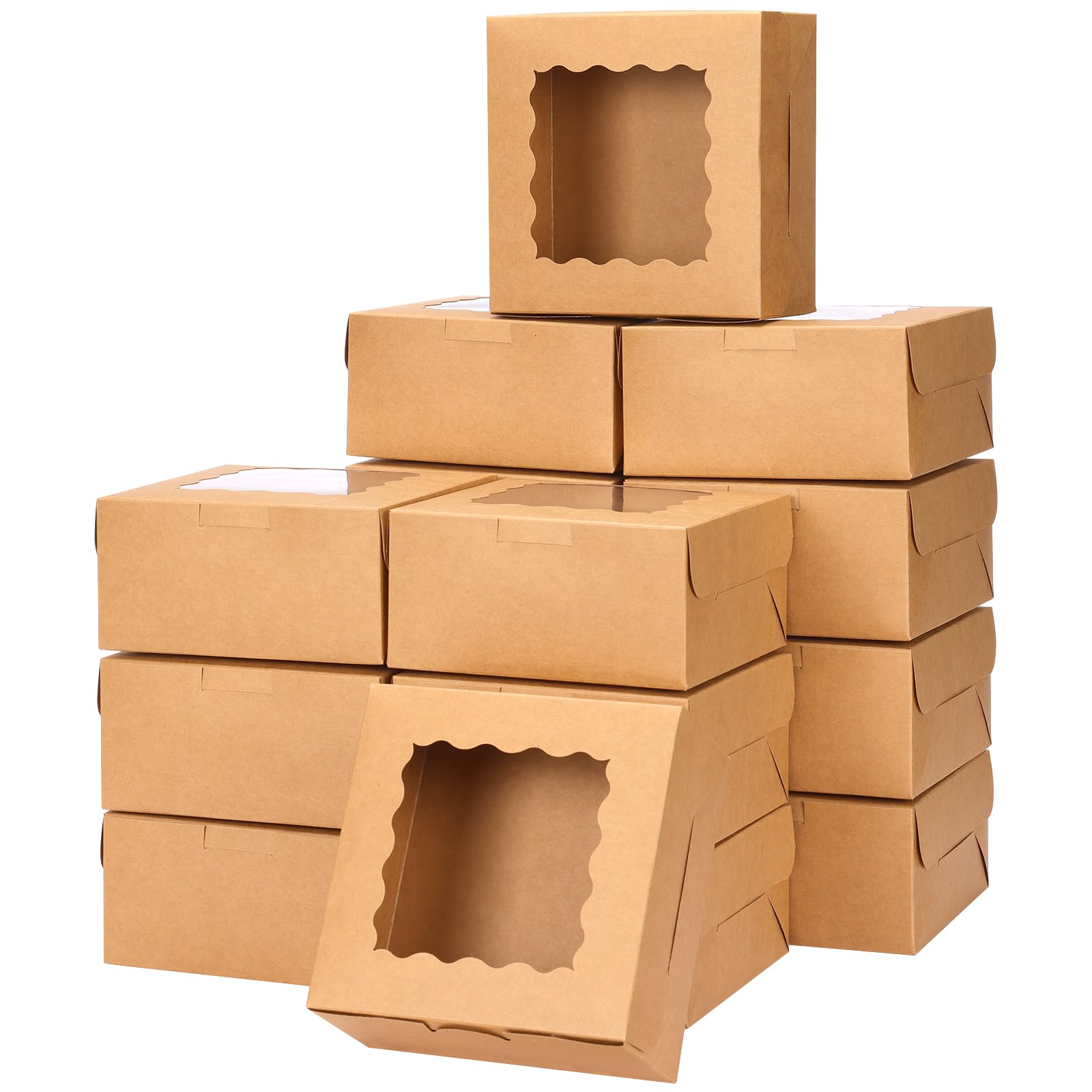 Moretoes 48pcs Brown Bakery Boxes with Window, 6x6x3 Inches, Kraft Paper Treat Boxes for Small Cake, Cookies, Pastry, Cupcakes, Pie, Donuts