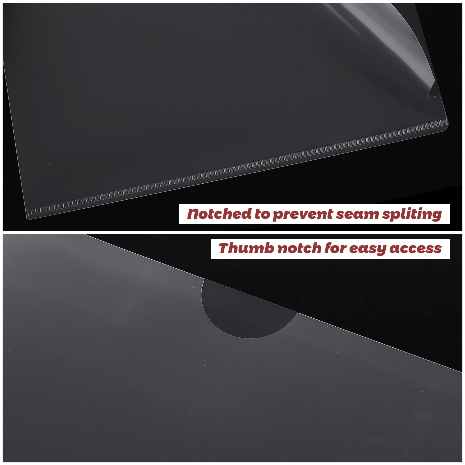 Lot de 200 pochettes transparentes A4 en plastique transparent 100 microns, poches ouvertes sur le dessus et sur le côté en polypropylène avec découpe pour le pouce, pochettes en plastique