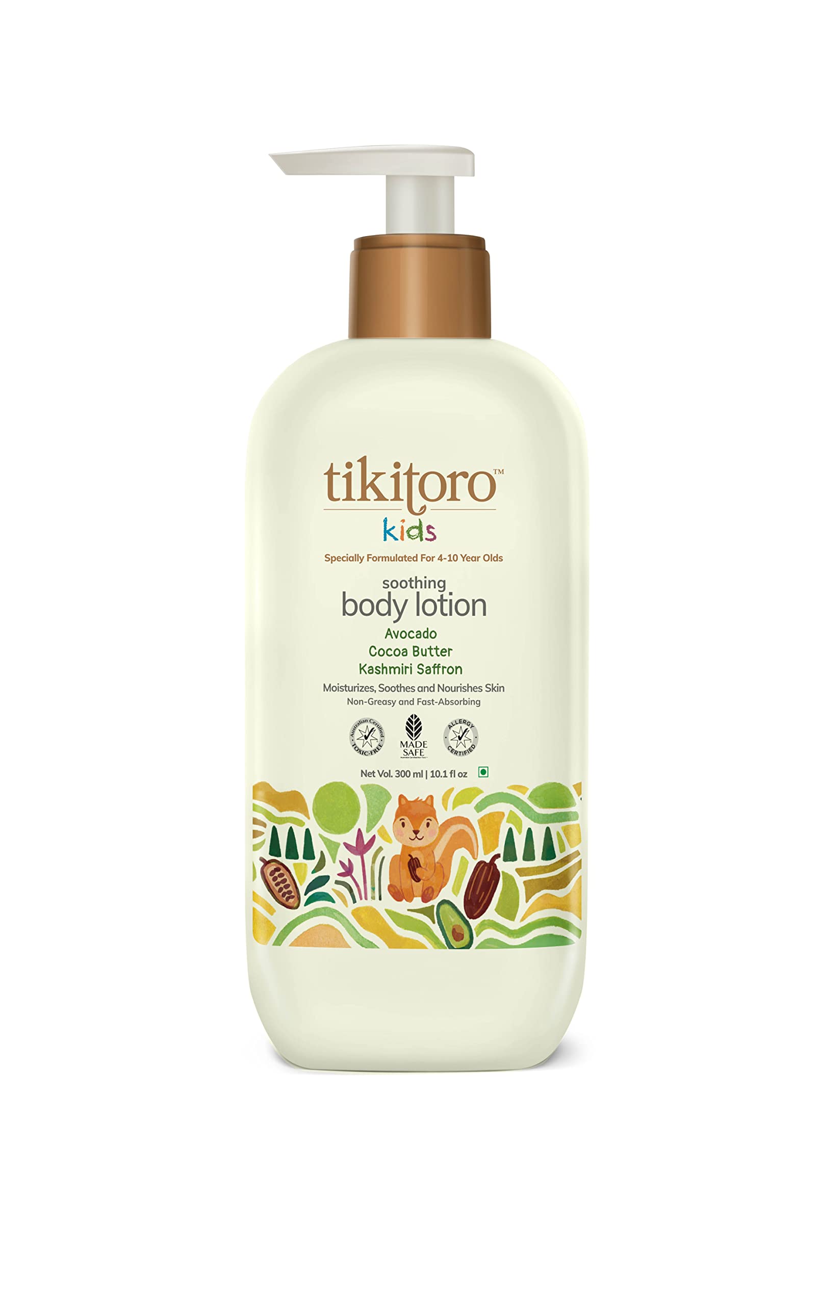 Tikitoro Kids Soothing Body Lotion | Pediatrician Approved | Moisturizes, Soothes & Nourishes Skin |100% Vegan with Avocado, Cocoa Butter, Kashmiri Saffron Extract |Daily Use (Age: 4+ Years) (300 x 1)