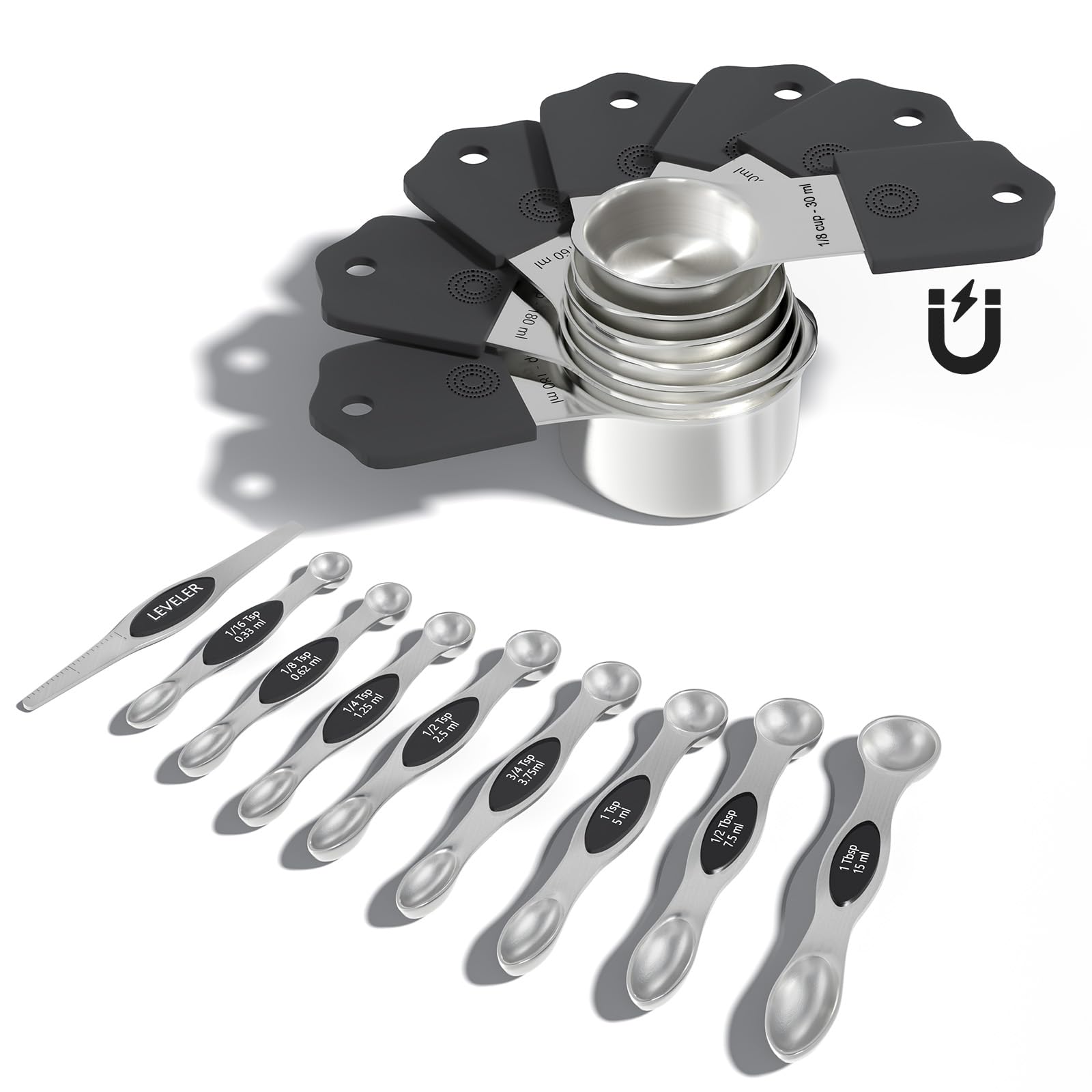Magnetic Measuring Cups & Spoons Set, Heavy Duty 304 Stainless Steel, Double Measurement Markings, Strong N52 Magnet, Set of 16 with Leveler for