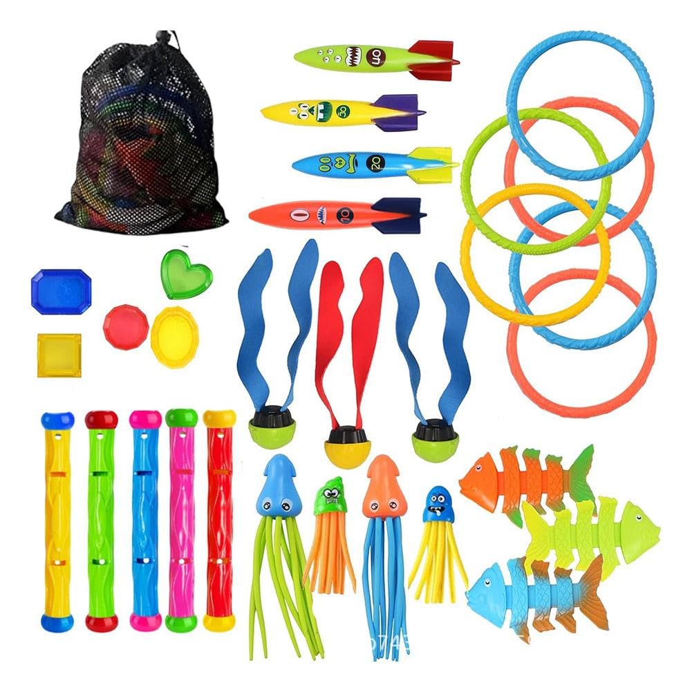 30pc Pool Diving Toys for Kids,Funny Swim Dive Toys Pool Games Toy,Fun Swimming Toy Set with Diving Rings Underwater Snake & Gems,for Underwater Games Dive Gifts Birthday Pools Party