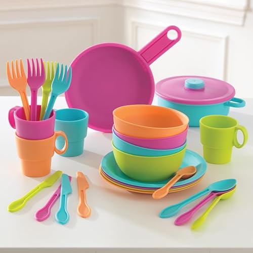 Miniatura 3 de KidKraft Juego de utensilios de cocina brillantes de 27 piezas, platos de plástico y utensilios para cocinas de juego